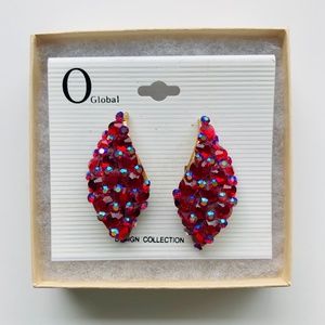 NWT O Global Red/Blue Rhinestone Clip-On Earrings